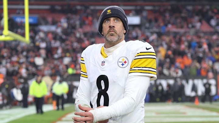 Dec 28, 2025; Cleveland, Ohio, USA; Pittsburgh Steelers quarterback Aaron Rodgers (8) looks on after the game against the Cleveland Browns at Huntington Bank Field. Mandatory Credit: Scott Galvin-Imagn Images