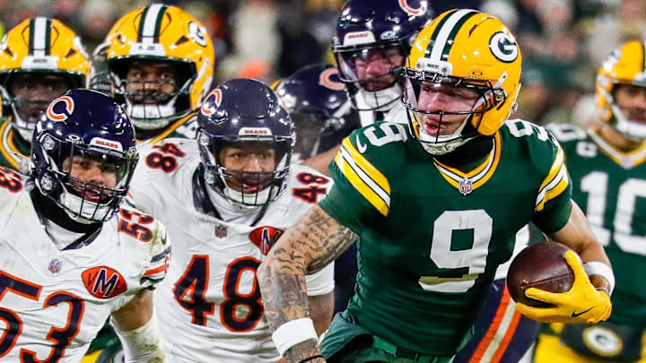 Green Bay Packers receiver Christian Watson (9) breaks free for a touchdown reception against the Chicago Bears.