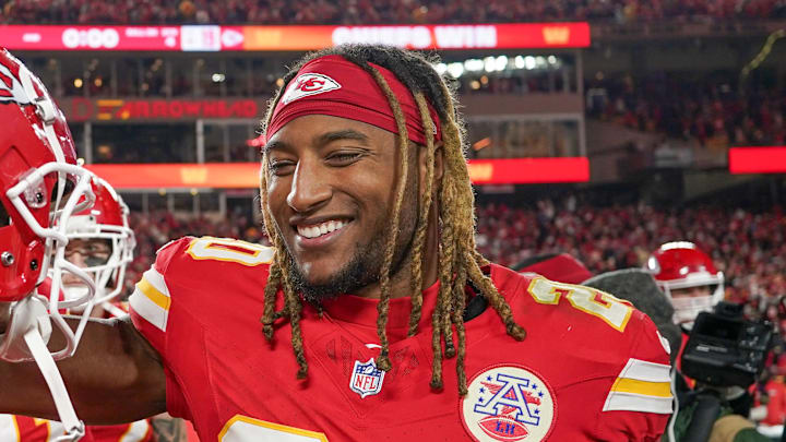 Dec 8, 2024; Kansas City, Missouri, USA; Kansas City Chiefs place kicker Matthew Wright (49) celebrates with safety Justin Reid (20) after the win over the Los Angeles Chargers at GEHA Field at Arrowhead Stadium. Mandatory Credit: Denny Medley-Imagn Images