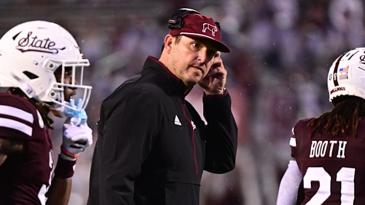 Mississippi State Bulldogs head coach Jeff Lebby speaks with players between plays against the Eastern Kentucky Colonels during the third quarter at Davis Wade Stadium at Scott Field.