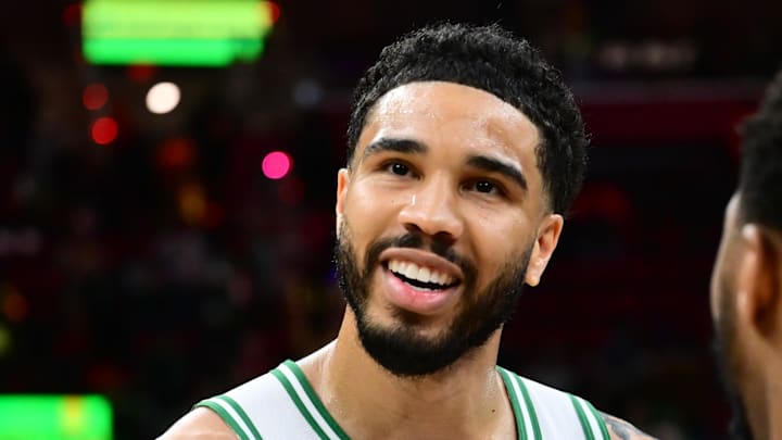 Mar 8, 2026; Cleveland, Ohio, USA; Cleveland Cavaliers guard Donovan Mitchell (45) talks to Boston Celtics forward Jayson Tatum (0) after the game at Rocket Arena. Mandatory Credit: Ken Blaze-Imagn Images