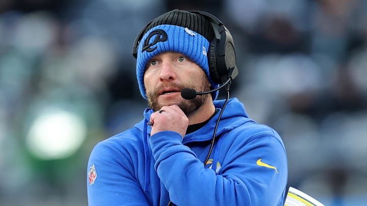 Dec 22, 2024; East Rutherford, New Jersey, USA; Los Angeles Rams head coach Sean McVay coaches against the New York Jets during the fourth quarter at MetLife Stadium. Mandatory Credit: Brad Penner-Imagn Images