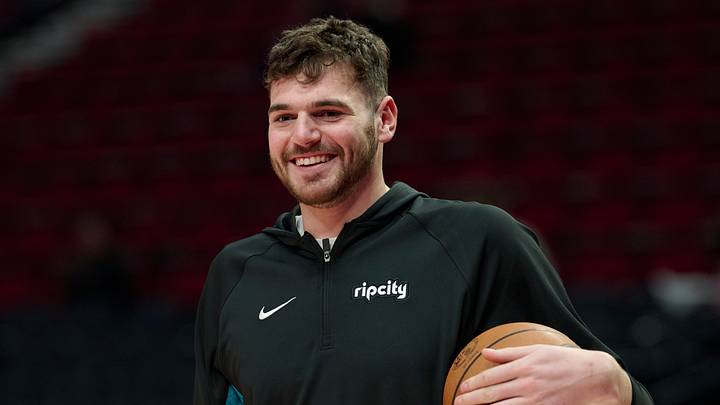 Apr 2, 2026; Portland, Oregon, USA; Portland Trail Blazers center Donovan Clingan (23) warms up before a game against the New Orleans Pelicans at Moda Center. Mandatory Credit: Troy Wayrynen-Imagn Images