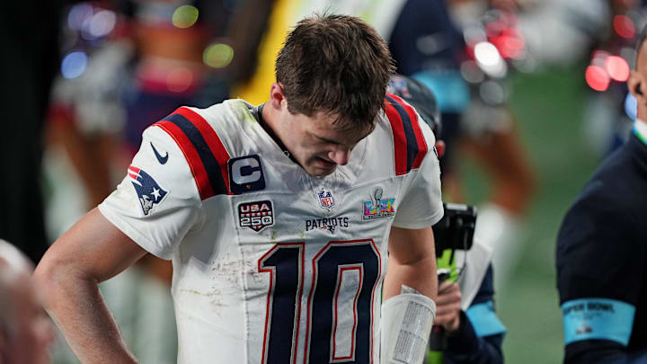 Feb 8, 2026; Santa Clara, CA, USA; New England Patriots quarterback Drake Maye (10) exits the field after the loss against the Seattle Seahawks in Super Bowl LX at Levi's Stadium. Mandatory Credit: Darren Yamashita-Imagn Images