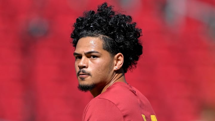 Sep 6, 2025; Los Angeles, California, USA; USC Trojans quarterback Jayden Maiava (14) warms up prior to the game against the Georgia Southern Eagles at United Airlines Field at Los Angeles Memorial Coliseum. Mandatory Credit: Jayne Kamin-Oncea-Imagn Images Sep 6, 2025; Los Angeles, California, USA; USC Trojans quarterback Jayden Maiava (14) warms up prior to the game against the Georgia Southern Eagles at United Airlines Field at Los Angeles Memorial Coliseum. Mandatory Credit: Jayne Kamin-Oncea-Imagn Images