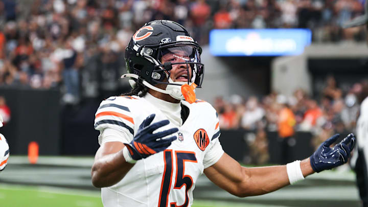 Sep 28, 2025; Paradise, Nevada, USA; Chicago Bears wide receiver Rome Odunze (15) celebrates a successful two point conversion against the Las Vegas Raiders at Allegiant Stadium. Mandatory Credit: Kiyoshi Mio-Imagn Images