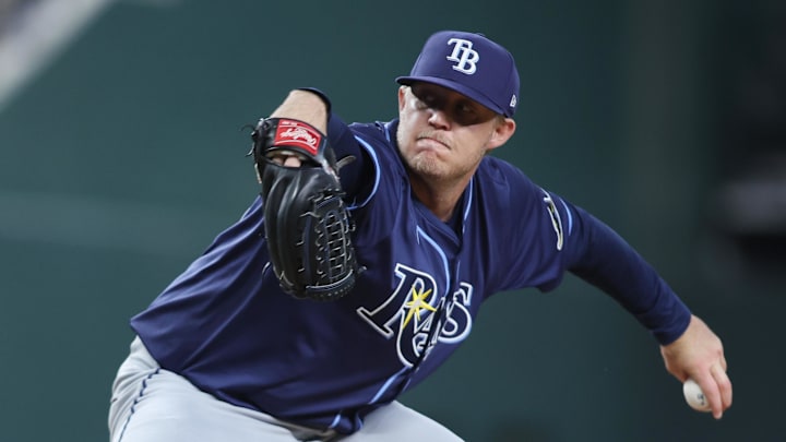 Apr 6, 2025; Arlington, Texas, USA; Tampa Bay Rays pitcher Garrett Cleavinger (60) throws a pitch in the sixth inning against the Texas Rangers at Globe Life Field. Apr 6, 2025; Arlington, Texas, USA; Tampa Bay Rays pitcher Garrett Cleavinger (60) throws a pitch in the sixth inning against the Texas Rangers at Globe Life Field.