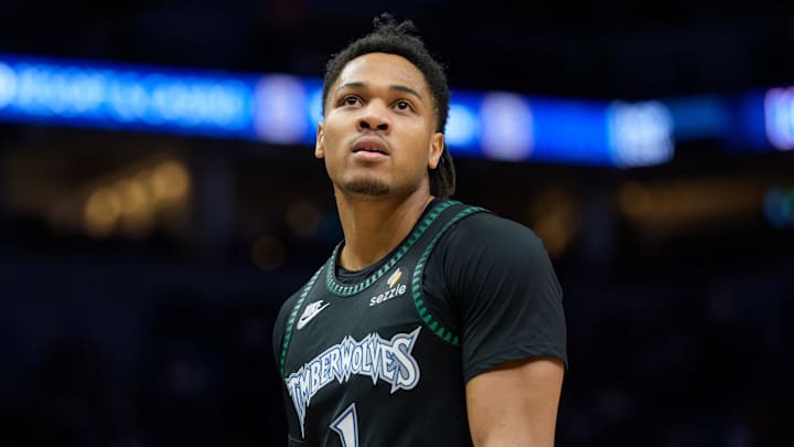 Nov 29, 2025; Minneapolis, Minnesota, USA; Minnesota Timberwolves guard Terrence Shannon Jr. (1) during a stoppage against the Boston Celtics in the fourth quarter at Target Center. Mandatory Credit: Matt Blewett-Imagn Images