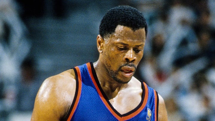 New York Knicks center Patrick Ewing reacts on the court against the Miami Heat. Mandatory Credit: RVR Photos-Imagn Images