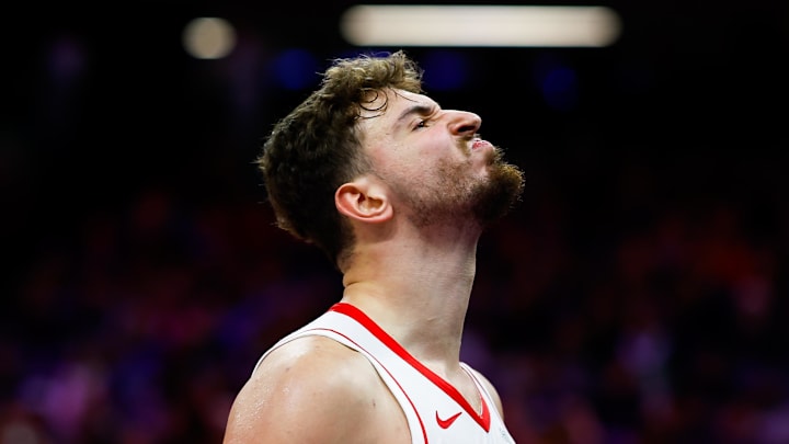 Dec 21, 2025; Sacramento, California, USA; Houston Rockets center Alperen Sengun (28) reacts after a foul during the fourth quarter against the Sacramento Kings at Golden 1 Center. Mandatory Credit: Sergio Estrada-Imagn Images