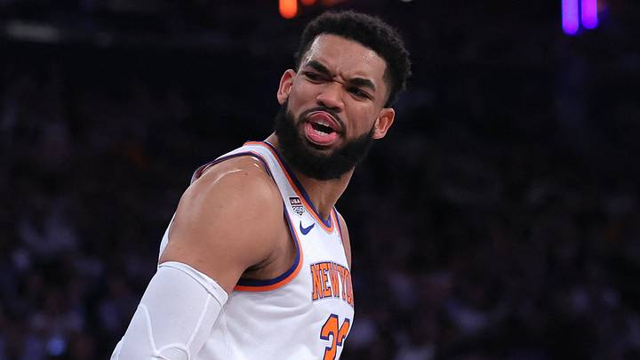 Jun 10, 2026; New York, New York, USA; New York Knicks center Karl-Anthony Towns (32) reacts in the second quarter against the San Antonio Spurs during game four of the 2026 NBA Finals at Madison Square Garden. Mandatory Credit: Brad Penner-Imagn Images