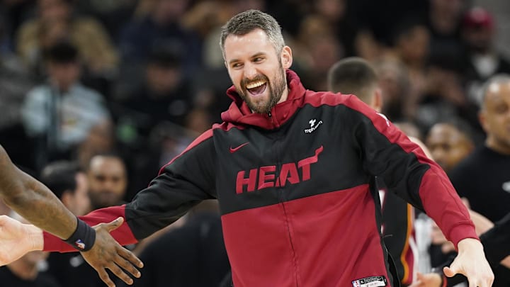 Feb 1, 2025; San Antonio, Texas, USA; Miami Heat forward Kevin Love (42) reacts after guard Terry Rozier (2) scored during the second half against the San Antonio Spurs at Frost Bank Center. Mandatory Credit: Scott Wachter-Imagn Images Feb 1, 2025; San Antonio, Texas, USA; Miami Heat forward Kevin Love (42) reacts after guard Terry Rozier (2) scored during the second half against the San Antonio Spurs at Frost Bank Center. Mandatory Credit: Scott Wachter-Imagn Images