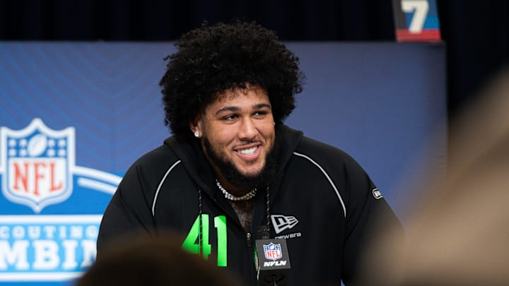 Feb 28, 2026; Indianapolis, IN, USA; Alabama offensive lineman Kadyn Proctor (OL41) speaks to members of the media during the NFL Combine at the Indiana Convention Center. Mandatory Credit: Jacob Musselman-Imagn Images