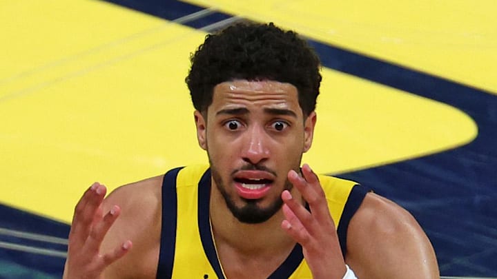 Indiana Pacers guard Tyrese Haliburton reacts to a play during the fourth quarter against the Oklahoma City Thunder
