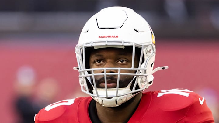 Dec 7, 2025; Glendale, Arizona, USA; Arizona Cardinals linebacker Josh Sweat (10) against the Los Angeles Rams at State Farm Stadium. Mandatory Credit: Mark J. Rebilas-Imagn Images