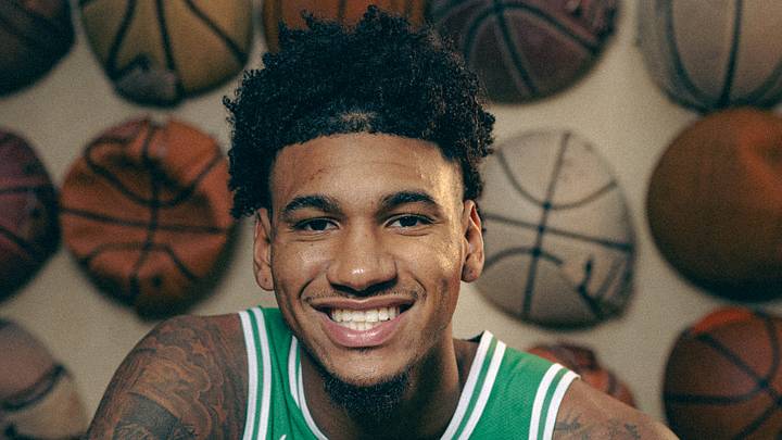 Dillon Mitchell #20 of the Boston Celtics poses for a portrait. (Photo by Carmen Mandato/Getty Images)