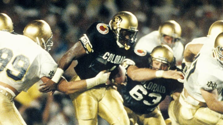Jan 1; 1990; Miami, FL, USA; FILE PHOTO; Colorado Buffaloes running back Eric Bieniemy (1) in action against the Notre Dame Fighting Irish during the Orange Bowl. Notre Dame defeated Colorado 21-6. Mandatory Credit: RVR Photos-USA TODAY Network
