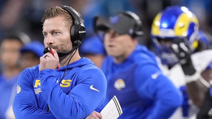 Jan 10, 2026; Charlotte, NC, USA; Los Angeles Rams head coach Sean McVay in the first half during the NFC Wild Card Round game at Bank of America Stadium. Mandatory Credit: Jim Dedmon-Imagn Images