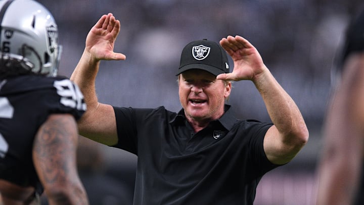 Las Vegas Raiders manager Jon Gruden (right) interacts with the players before the game against the Seattle Seahawks at Allegiant Stadium. Las Vegas Raiders manager Jon Gruden (right) interacts with the players before the game against the Seattle Seahawks at Allegiant Stadium.