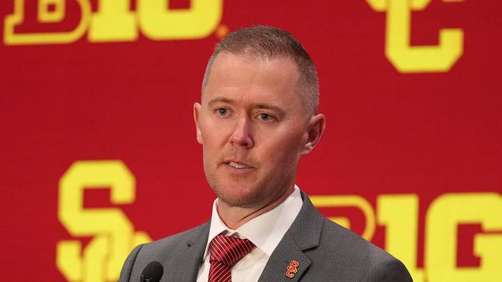 Jul 24, 2025; Las Vegas, NV, USA; USC head coach Lincoln Riley speaks to the media during the Big Ten NCAA college football media days at Mandalay Bay Resort. Mandatory Credit: Lucas Peltier-Imagn Images Jul 24, 2025; Las Vegas, NV, USA; USC head coach Lincoln Riley speaks to the media during the Big Ten NCAA college football media days at Mandalay Bay Resort. Mandatory Credit: Lucas Peltier-Imagn Images