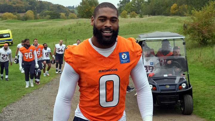 Oct 10, 2025; Ware, United Kingdom; Denver Broncos linebacker Jonathon Cooper (0) walks off the field after practice at the Hanbury Manor. 