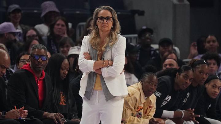 May 31, 2026; San Francisco, California, USA;  Las Vegas Aces head coach Becky Hammon watches the action against the Golden State Valkyries in the first quarter at Chase Center. Mandatory Credit: David Gonzales-Imagn Images