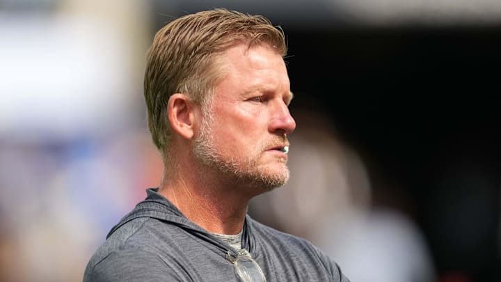 Aug 9, 2025; Inglewood, California, USA; Los Angeles Rams general manager Les Snead watches during the game against the Dallas Cowboys at SoFi Stadium. Mandatory Credit: Kirby Lee-Imagn Images