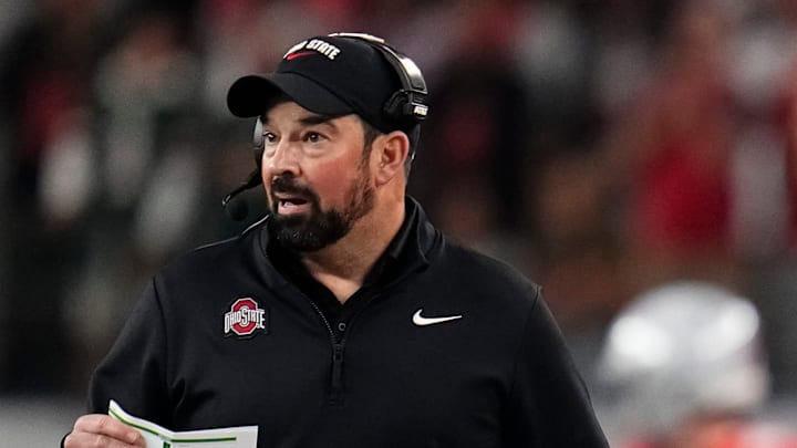 Ohio State Buckeyes head coach Ryan Day watches from the sideline during the Cotton Bowl at AT&T Stadium in Arlington, Texas for the College Football Playoff quarterfinal game against the Miami Hurricanes on Dec. 31, 2025.