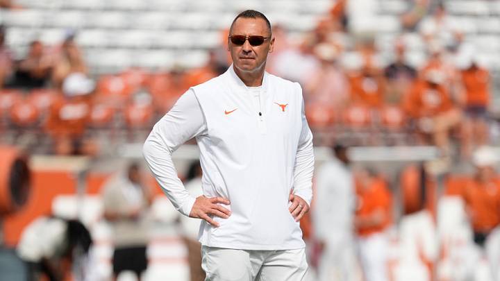 Sep 6, 2025; Austin, Texas, USA; Texas Longhorns head coach Steve Sarkisian watches his team warm up