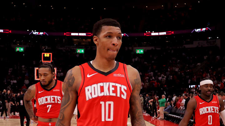 Dec 29, 2024; Houston, Texas, USA; Houston Rockets forward Jabari Smith Jr (10) leaves the court following the game against the Miami Heat during the fourth quarter at Toyota Center. Mandatory Credit: Erik Williams-Imagn Images
