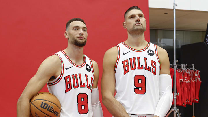 Chicago Bulls guard Zach LaVine and center Nikola Vucevic pose during media day.