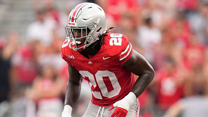 Aug 31, 2024; Columbus, OH, USA; Ohio State Buckeyes linebacker Arvell Reese (20) lines up during the NCAA football game against the Akron Zips at Ohio Stadium. Ohio State won 52-6.