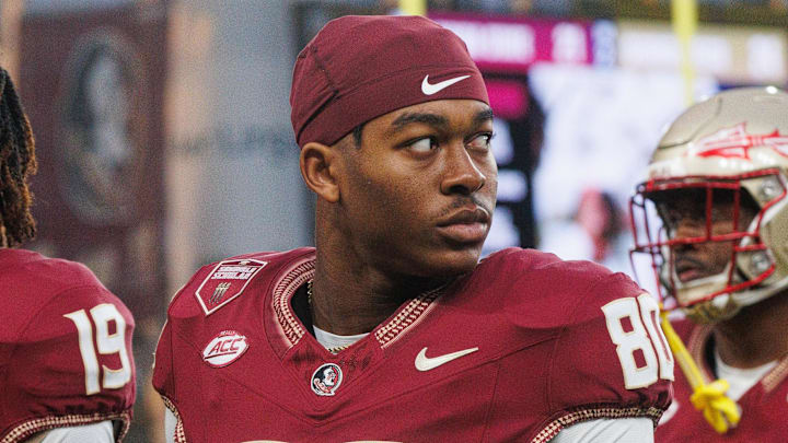 Aug 24, 2024; Dublin, IRL; Florida State University wide receiver BJ Gibson reacts after their loss to Georgia Tech at Aviva Stadium. Mandatory Credit: Tom Maher/INPHO via Imagn Images