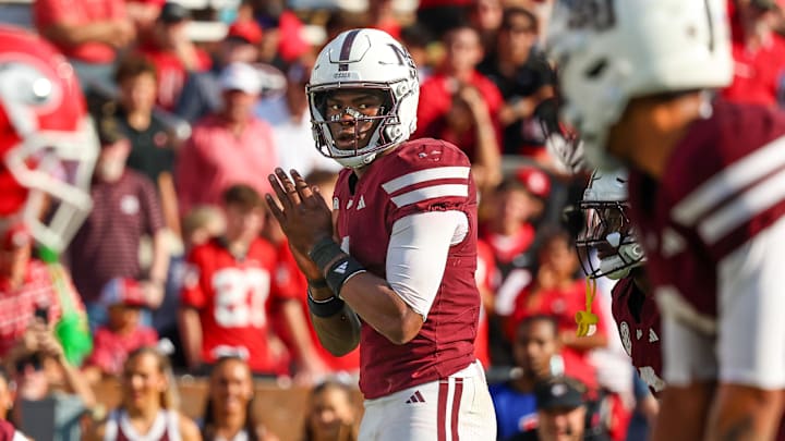 Mississippi State Bulldogs quarterback Kamario Taylor (1) looks on before a play against the Georgia Bulldogs during the second half at Davis Wade Stadium at Scott Field. Mississippi State Bulldogs quarterback Kamario Taylor (1) looks on before a play against the Georgia Bulldogs during the second half at Davis Wade Stadium at Scott Field.