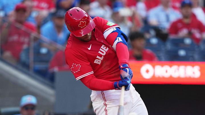 Toronto Blue Jays right fielder George Springer (4) hits a two run single against the New York Yankees during the eighth inning at Rogers Centre on June 1. 