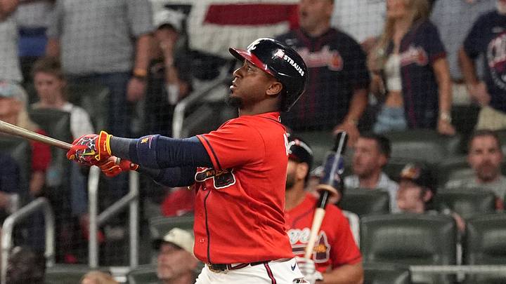 Oct 1, 2026; Cumberland, Georgia, USA;  Atlanta Braves infielder Ozzie Albies (1) watches the ball after hitting a two run home run against Philadelphia Phillies pitcher Zack Wheeler (not pictured) during the fourth inning in game three of the Wildcard round for the 2026 MLB Playoffs at Truist Field.  Mandatory Credit: Dale Zanine-Imagn Images