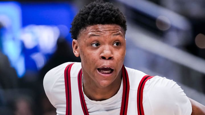 Rutgers Scarlet Knights guard Ace Bailey (4) runs a play Wednesday, March 12, 2025, in a first round game at the 2025 TIAA Big Ten Men’s Basketball Tournament between the USC Trojans and the Rutgers Scarlet Knights at Gainbridge Fieldhouse in Indianapolis. The Hawkeyes defeated the Buckeyes, 77-70.