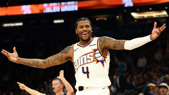 Nov 6, 2025; Phoenix, Arizona, USA; Phoenix Suns guard Jalen Green (4) celebrates a three point shot against the Los Angeles Clippers in the second half at the Mortgage Matchup Center. Mandatory Credit: Mark J. Rebilas-Imagn Images