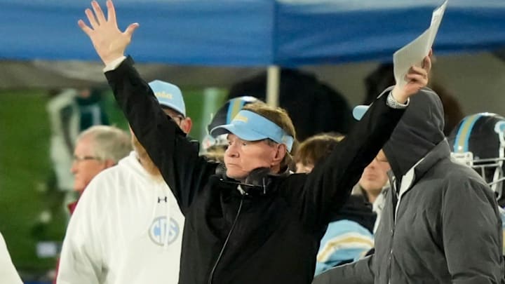 Dec 5, 2025; Birmingham, AL, USA; Coosa Christian head coach Rush Propst strikes a celebratory pose at the end of the game with Lanett at Protective Life Stadium in the AHSAA 2A State Championship game.
