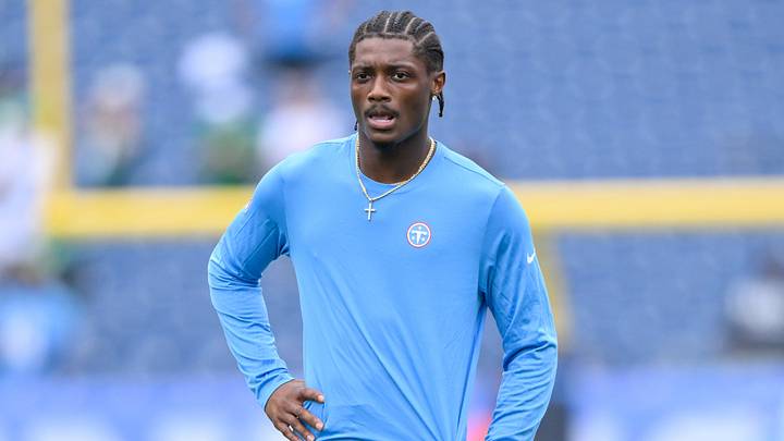 Sep 20, 2026; Nashville, Tennessee, USA; Tennessee Titans wider receiver Carnell Tate (14) during pre-game warmups against the Philadelphia Eagles at Nissan Stadium. Mandatory Credit: Steve Roberts-Imagn Images Sep 20, 2026; Nashville, Tennessee, USA; Tennessee Titans wider receiver Carnell Tate (14) during pre-game warmups against the Philadelphia Eagles at Nissan Stadium. Mandatory Credit: Steve Roberts-Imagn Images