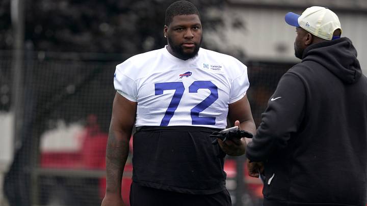 Bills Phidarian Mathis warms up before practice at Buffalo Bills Training Camp at St. John Fisher University. Bills Phidarian Mathis warms up before practice at Buffalo Bills Training Camp at St. John Fisher University.