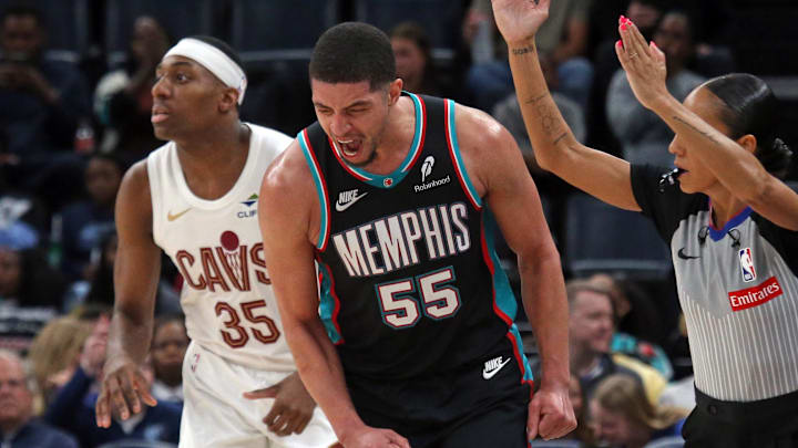 Apr 6, 2026; Memphis, Tennessee, USA; Memphis Grizzlies forward Lucas Williamson (55) reacts after a three-point basket during the fourth quarter against the Cleveland Cavaliers at FedExForum. Mandatory Credit: Petre Thomas-Imagn Images