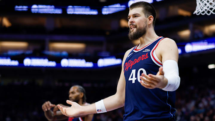 Oct 15, 2025; Sacramento, California, USA; Los Angeles Clippers center Ivica Zubac (40) reacts after a call during the second quarter against the Sacramento Kings at Golden 1 Center. Mandatory Credit: Sergio Estrada-Imagn Images