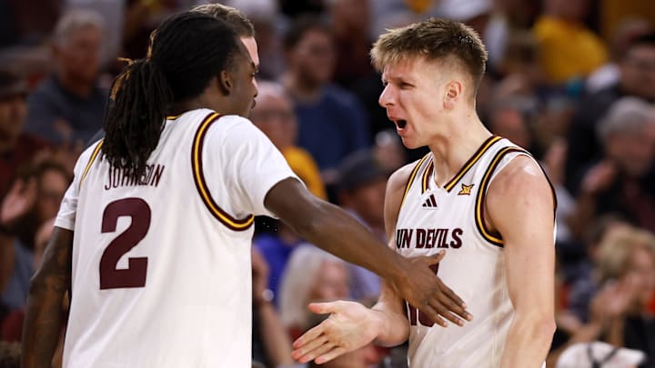 Jan 3, 2026; Tempe, Arizona, USA; Arizona State Sun Devils guard Noah Meeusen (right) celebrates a play with Anthony Johnson against the Colorado Buffaloes in the second half at Desert Financial Arena. Mandatory Credit: Mark J. Rebilas-Imagn Images