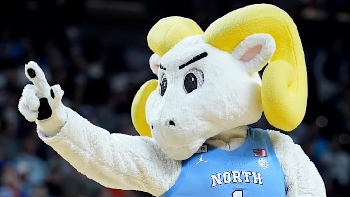 Mar 19, 2026; Greenville, SC, USA; The North Carolina Tar Heels mascot cheers during a timeout against the VCU Rams in the second half of a first round game of the men's 2026 NCAA Tournament at Bon Secours Wellness Arena. Mandatory Credit: Jim Dedmon-Imagn Images