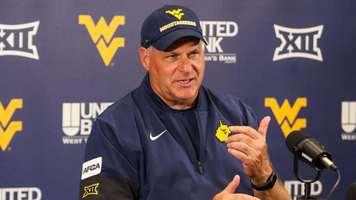 Aug 30, 2025; Morgantown, West Virginia, USA; West Virginia Mountaineers head coach Rich Rodriguez speaks to the media after defeating the Robert Morris Colonials at Milan Puskar Stadium. Mandatory Credit: Ben Queen-Imagn Images