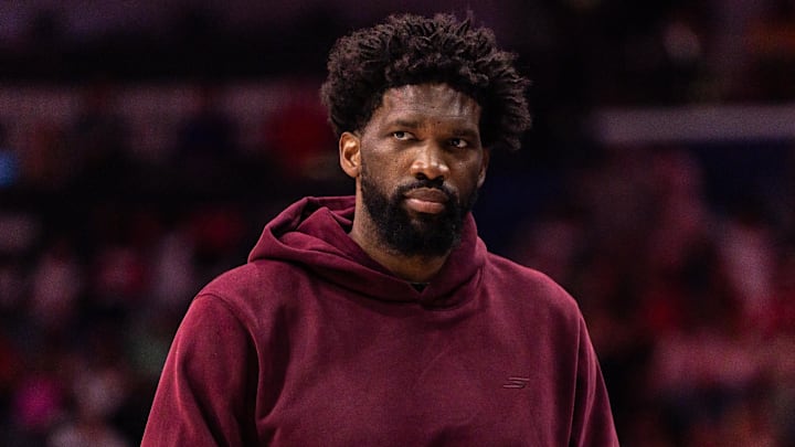 Feb 21, 2026; New Orleans, Louisiana, USA;  Philadelphia 76ers center Joel Embiid (21) looks on against the New Orleans Pelicans during the first half at Smoothie King Center. Mandatory Credit: Stephen Lew-Imagn Images