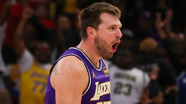 Mar 18, 2026; Houston, Texas, USA;  Los Angeles Lakers guard Luka Doncic (77) celebrates his baskets against the Houston Rockets in the second half at Toyota Center. Mandatory Credit: Thomas Shea-Imagn Images