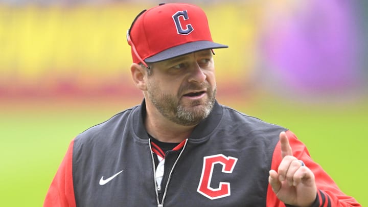 May 31, 2025; Cleveland, Ohio, USA; Cleveland Guardians manager Stephen Vogt (12) walks on the field during a game against the Los Angeles Angels at Progressive Field. Mandatory Credit: David Richard-Imagn Images