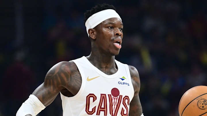 Mar 9, 2026; Cleveland, Ohio, USA; Cleveland Cavaliers guard Dennis Schroder (8) brings the ball up court against the Philadelphia 76ers during the second half at Rocket Arena.
